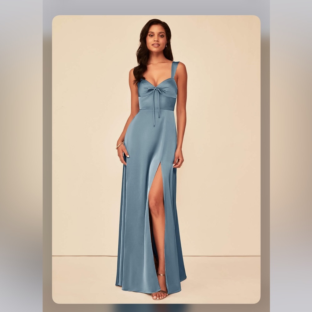 Azazie Alexia Stretch Satin Dress in Dusty Blue - Size 8